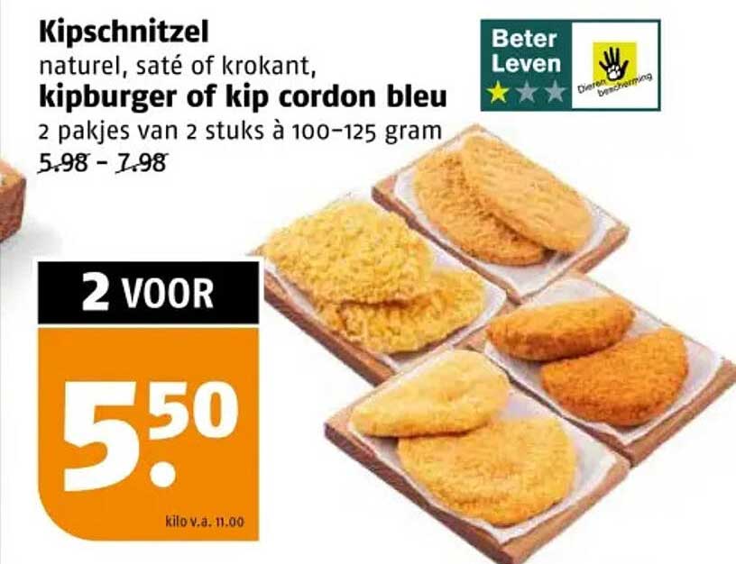 Kipschnitzel natuur, saté of krokant, kipburger of kip cordon bleu