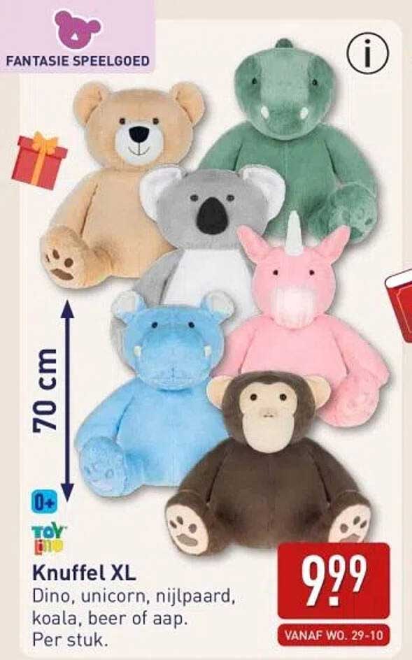 Knuffel XL - Dino, unicorn, nijlpaard, koala, beer of aap