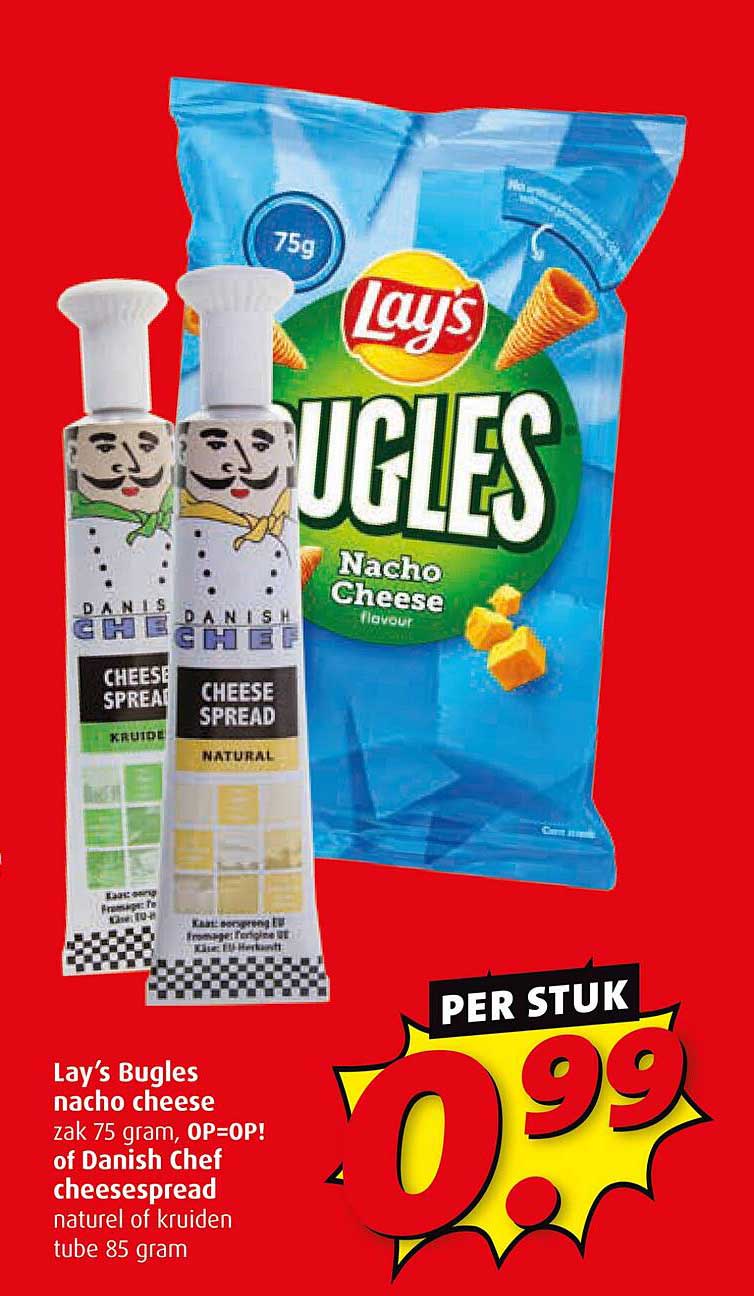 Lay’s Bugles nacho cheese zak 75 gram, OP=OP! of Danish Chef cheesespread naturel of kruiden tube 85 gram