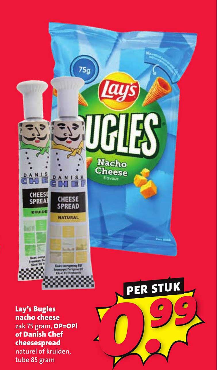 Lay's Bugles nacho cheese zak 75 gram, OP=OP! of Danish Chef cheesespread natuur of kruiden, tube 85 gram