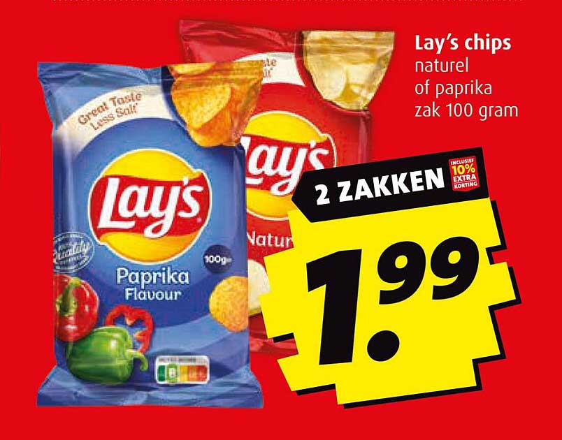 Lay’s chips naturel of paprika zak 100 gram