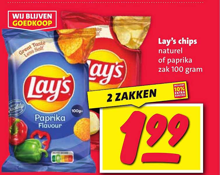 Lay's chips naturel of paprika zak 100 gram