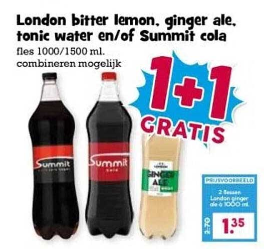 London bitter lemon, ginger ale, tonic water en/of Summit cola fles 1000/1500 ml