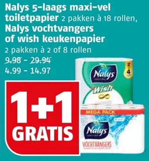 Nalys 5-laags maxi-vel toiletpapier 2 pakken à 18 rollen, Nalys vochtigdoekjes of Wish keukenpapier