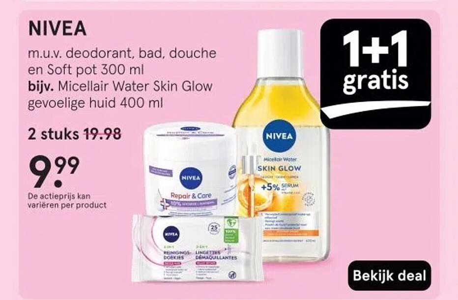 NIVEA m.u.v. deodorant, bad, douche en Soft pot 300 ml bijv. Micellair Water Skin Glow gevoelige huid 400 ml