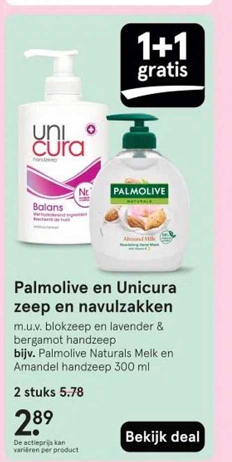 Palmolive en Unicura zeep en navulzakken m.u.v. blokzeep en lavendel & bergamot handzeep bijv. Palmolive Naturals Melk en Amandel handzeep 300 ml