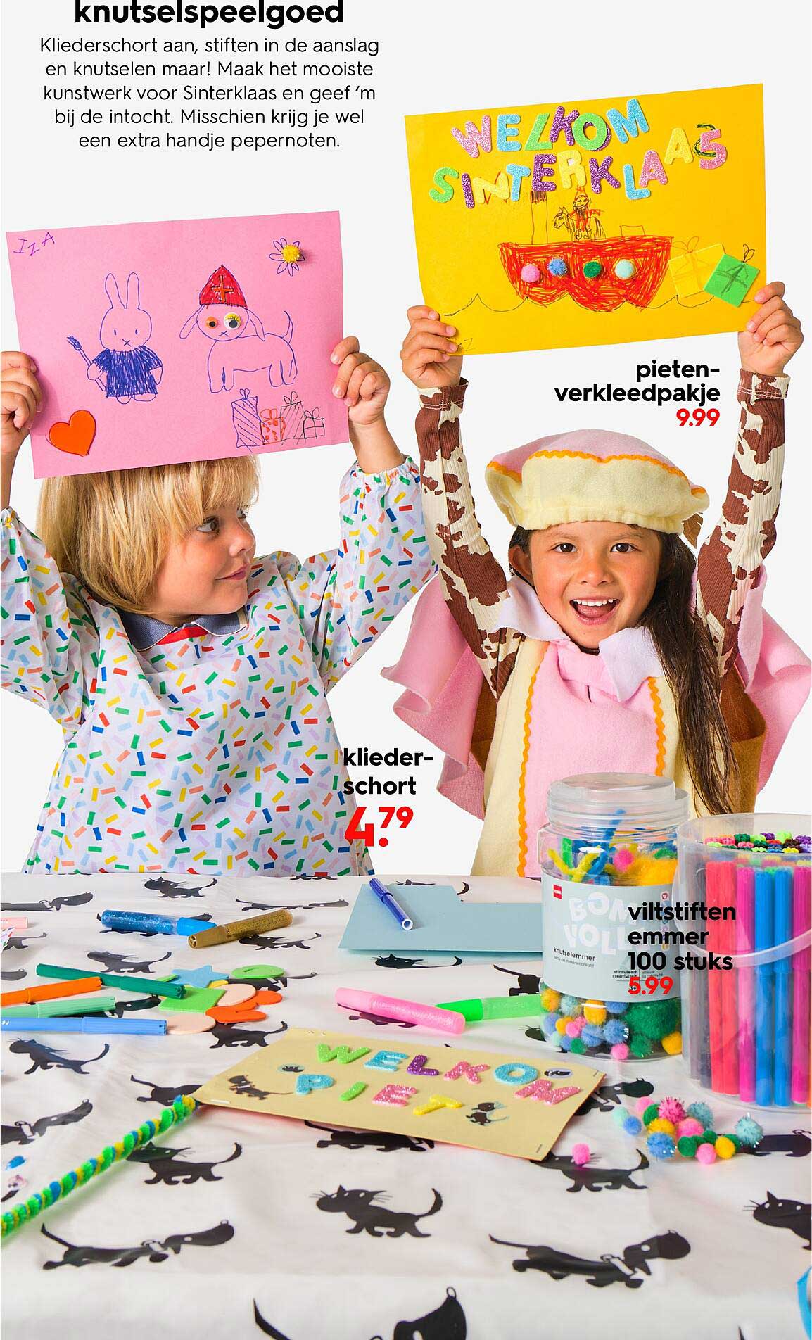 pieten-verkleedpakje 9.99, kleiderschort 4.79, viltstiften emmer 100 stuks 5.99