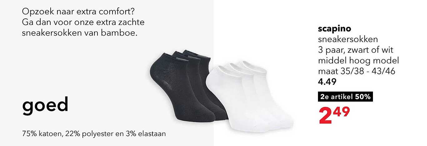 scapino sneakersokken 3 paar, zwart of wit middel hoog model maat 35/38 - 43/46