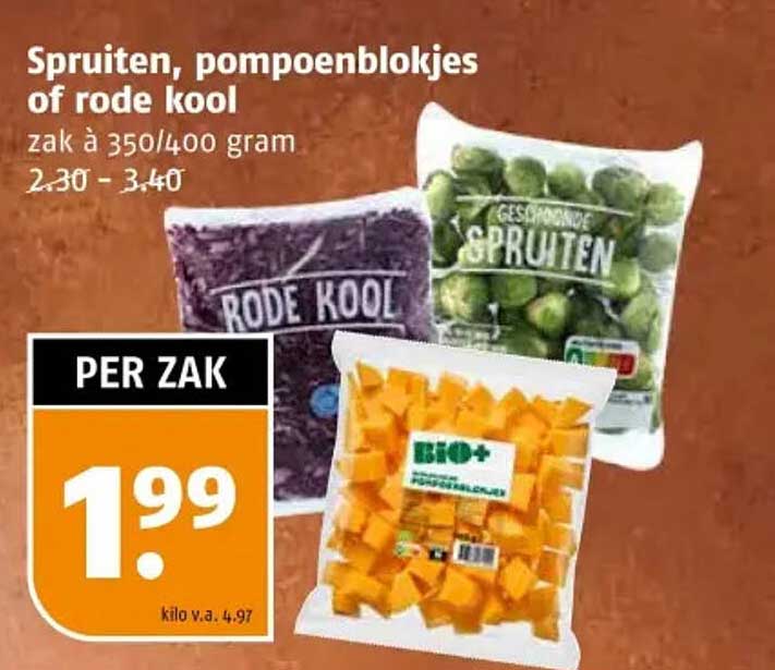 Spruiten, pompoenblokjes of rode kool