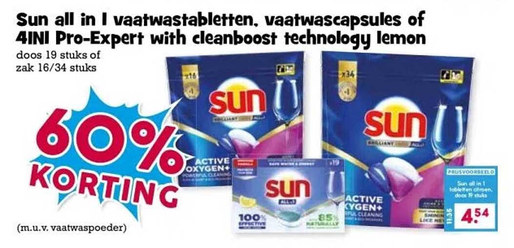 Sun all in 1 vaatwastabletten, vaatwascapsules of 4INI Pro-Expert with cleanboost technology lemon