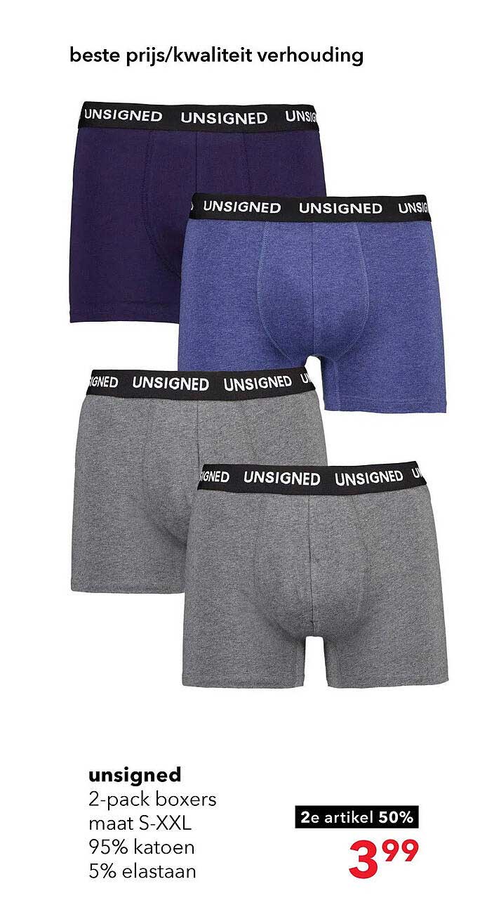 unsigned 2-pack boxers maat S-XXL 95% katoen 5% elastaan