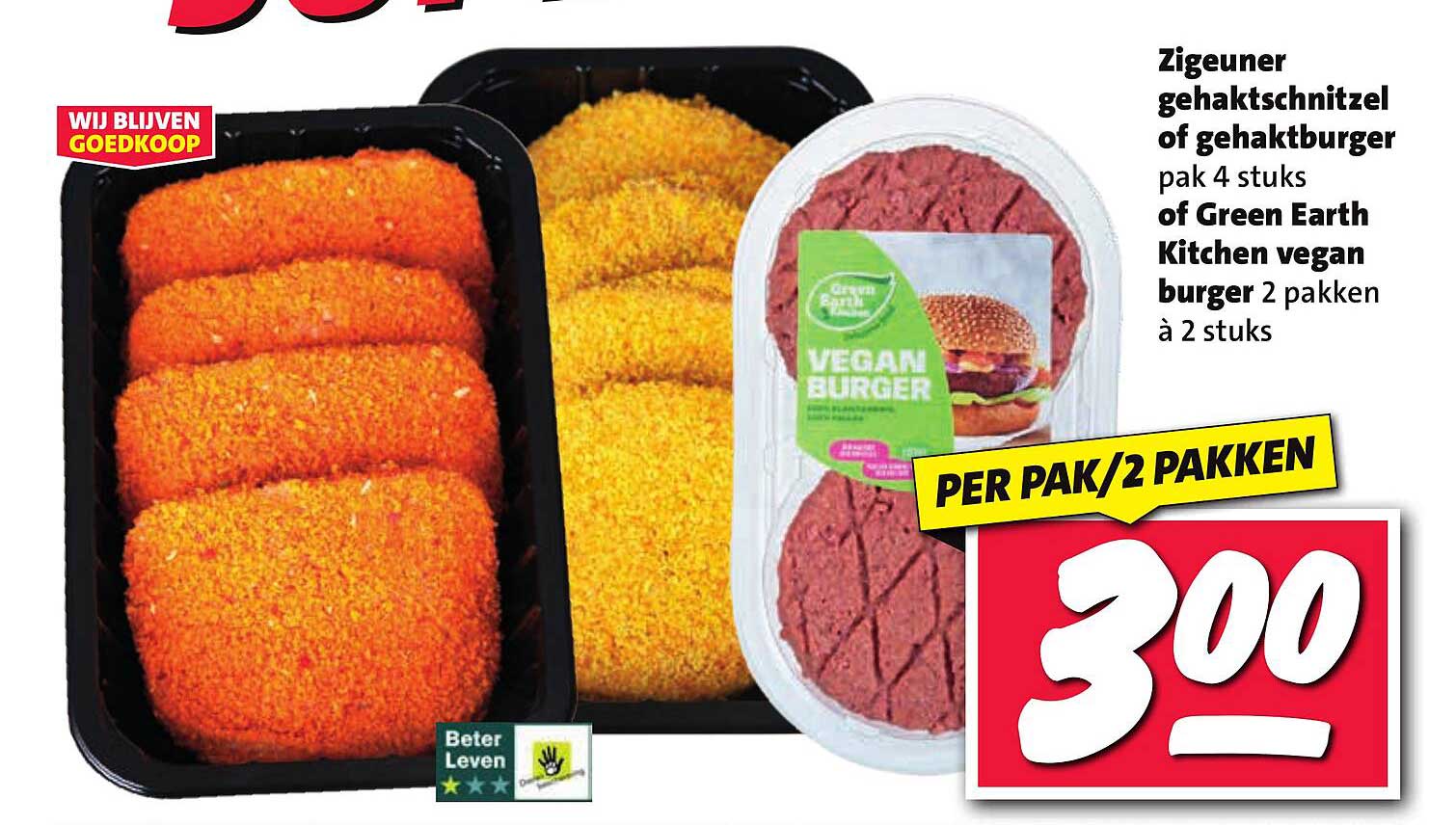 Zigeuner gehaktschnitzel of gehaktburger pak 4 stuks of Green Earth Kitchen vegan burger 2 pakken à 2 stuks