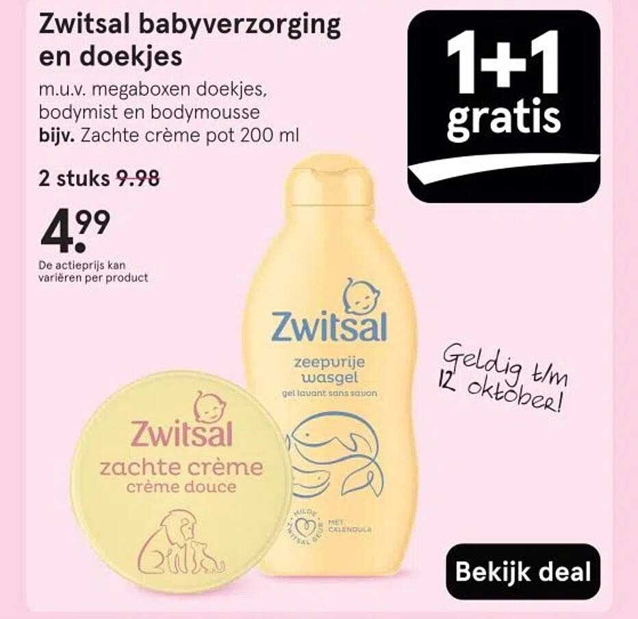 Zwitsal babyverzorging en doekjes 1+1 gratis