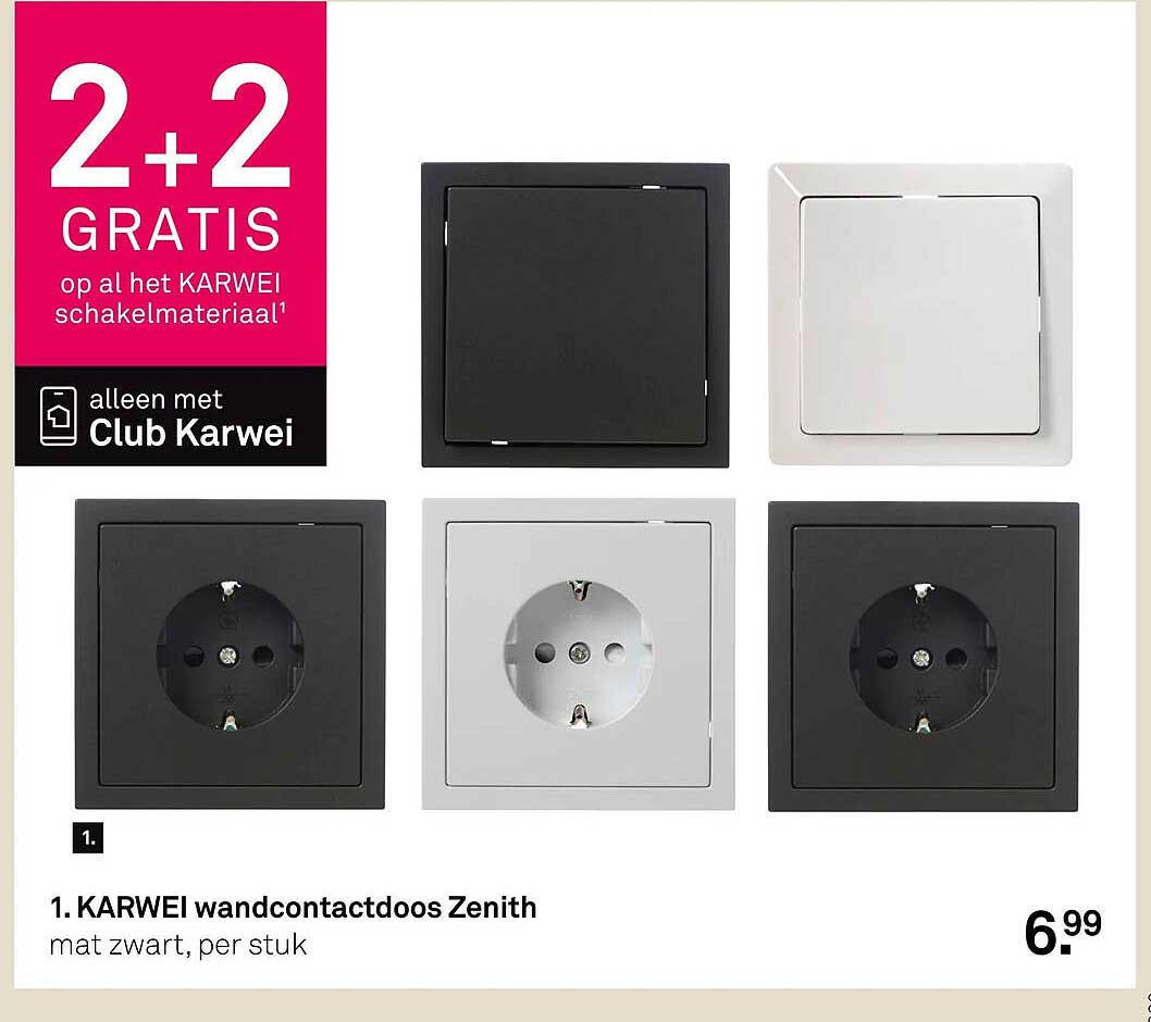 1. KARWEI wandcontactdoos Zenith mat zwart, per stuk 2+2 gratis