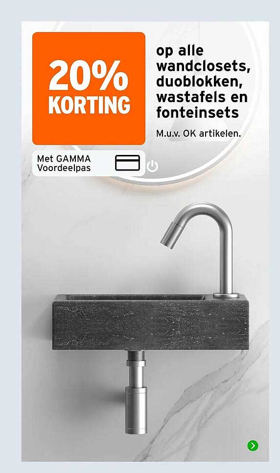 20% KORTING op alle wandclosets, duoblokken, wastafels en fonteinssets