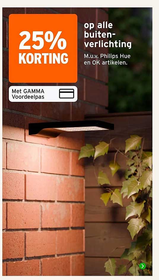 25% KORTING op alle buitenverlichting M.u.v. Philips Hue en OK artikelen. Met GAMMA Voordeelpas