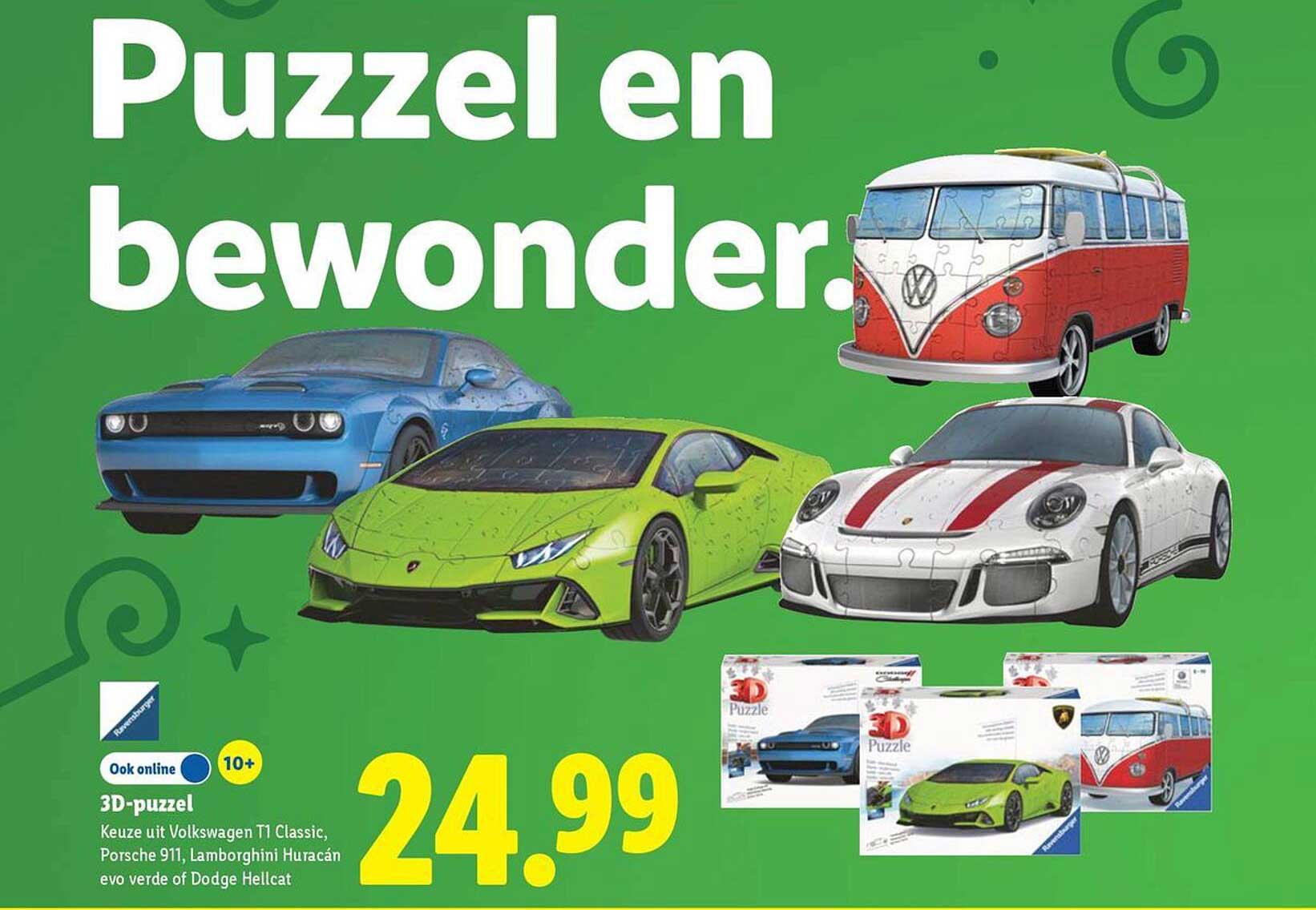 3D-puzzel Keuze uit Volkswagen T1 Classic, Porsche 911, Lamborghini Huracán evo verde of Dodge Hellcat