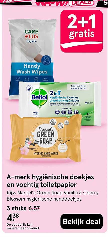 A-merk hygiënische doekjes en vochtig toiletpapier 2+1 gratis