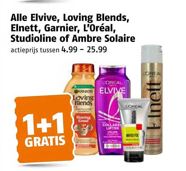 Alle Elvive, Loving Blends, Elnett, Garnier, L'Oréal, StudioLine of Ambre Solaire 1+1 GRATIS
