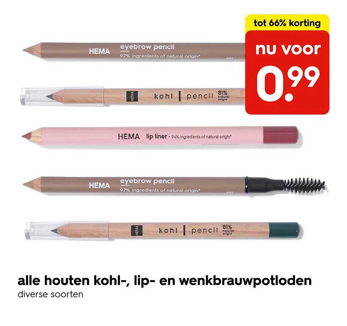 alle houten kohl-, lip- en wenkbrauwpotloden