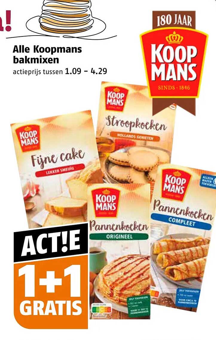 Alle Koopmans bakmixen ACTIE 1+1 GRATIS