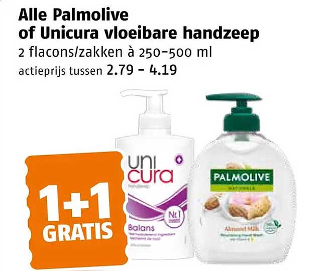 Alle Palmolive of Unicura vloeibare handzeep 2 flacons/zakken à 250–500 ml 1+1 GRATIS