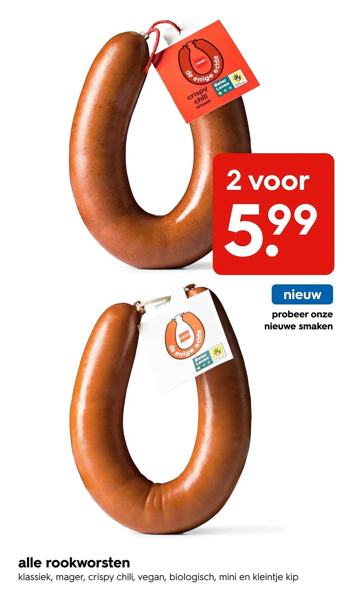 alle rookworsten klassiek, mager, crispy chili, vegan, biologisch, mini en kleintje kip