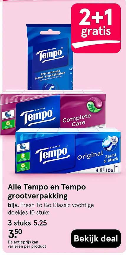 Alle Tempo en Tempo grootverpakking bijv. Fresh To Go Classic vochtige doekjes 10 stuks 2+1 gratis