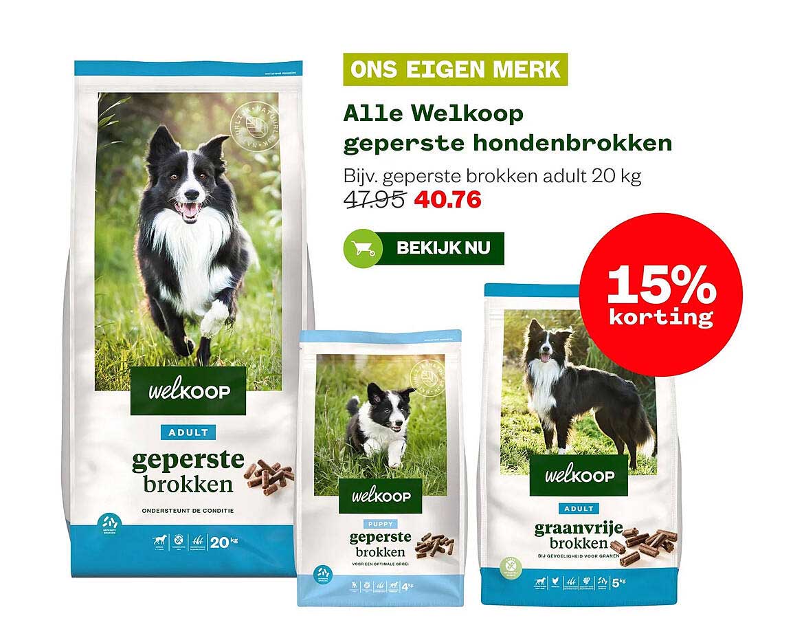 Alle Welkoop geperste hondenbrokken 15% korting