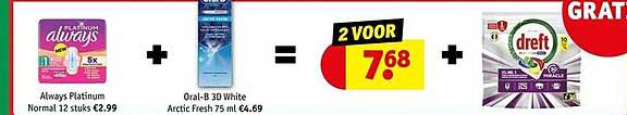 Always Platinum Normal 12 stuks €2.99 + Oral-B 3D White Arctic Fresh 75 ml €4.69 = 2 VOOR 7.68 + dreft
