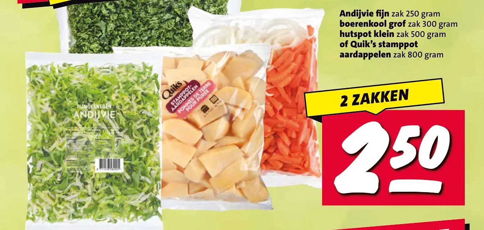 Andijvie fijn zak 250 gram boerenkool grof zak 300 gram hutspot klein zak 500 gram of Quik’s stamppot aardappelen zak 800 gram 2 ZAKKEN
