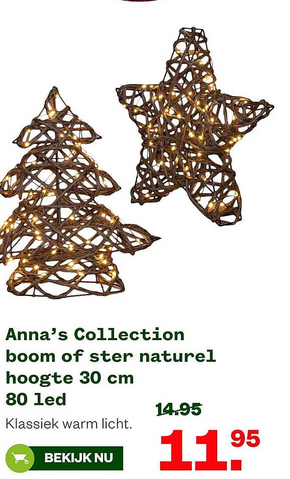 Anna’s Collection boom of ster naturel hoogte 30 cm 80 led