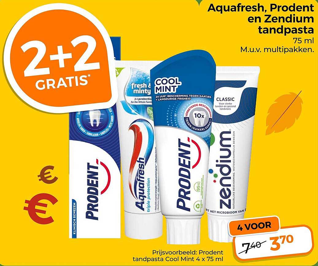 Aquafresh, Prodent en Zendium tandpasta 75 ml 2+2 gratis