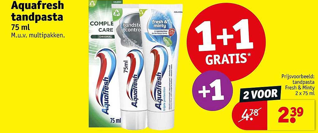 Aquafresh tandpasta 75 ml M.u.v. multipakken. 1+1 GRATIS* +1