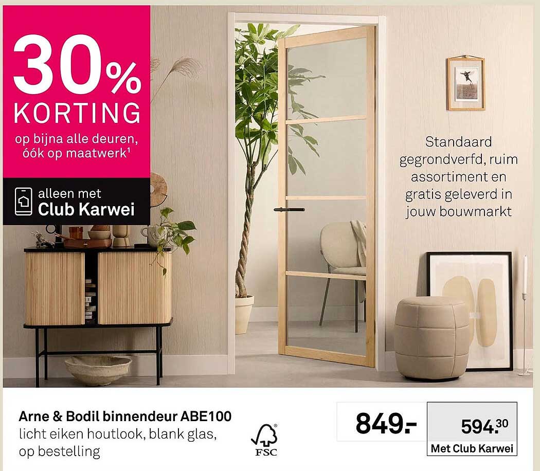 Arne & Bodil binnendeur ABE100 licht eiken houtlook, blank glas, op bestelling