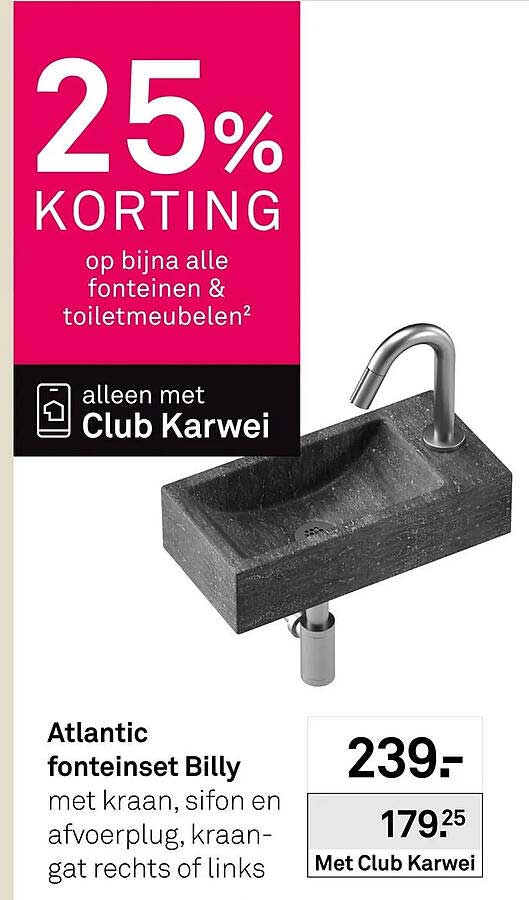 Atlantic fonteinset Billy met kraan, sifon en afvoerplug, kraangat rechts of links 25% KORTING