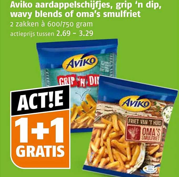 Aviko aardappelschijfjes, grip 'n dip, wavy blends of oma's smulfriet 1+1 gratis