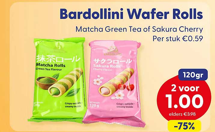 Bardollini Wafer Rolls Matcha Green Tea of Sakura Cherry Per stuk €0.59 2 voor 1.00 -75%