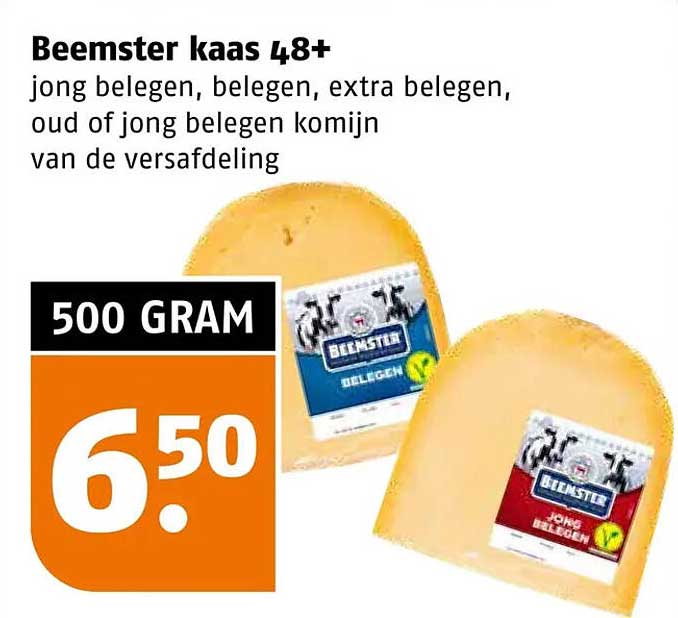 Beemster kaas 48+ jong belegen, belegen, extra belegen, oud of jong belegen komijn van de versafdeling