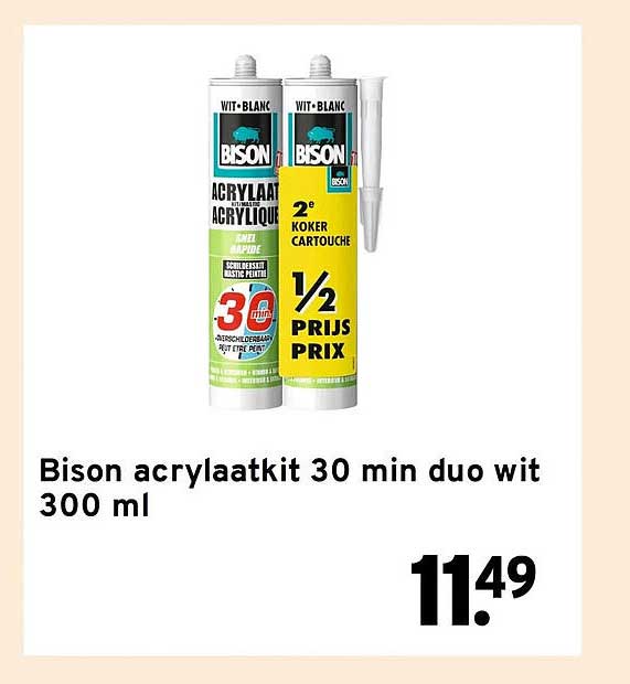 Bison acrylaatkit 30 min duo wit 300 ml 2e koker cartouche 1/2 prijs