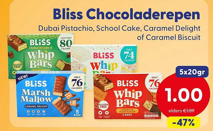 Bliss Chocoladerepen Dubai Pistachio, School Cake, Caramel Delight of Caramel Biscuit