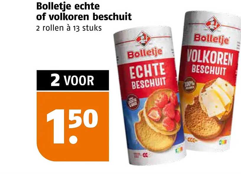 Bolletje echte of volkoren beschuit 2 rollen à 13 stuks