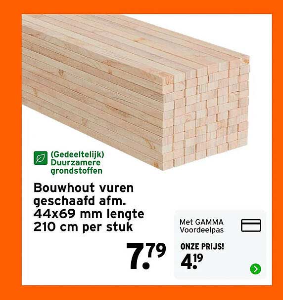 Bouwhout vuren geschaafd afm. 44x69 mm lengte 210 cm per stuk
