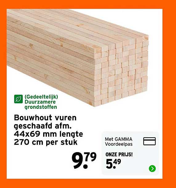 Bouwhout vuren geschaafd afm. 44x69 mm lengte 270 cm per stuk