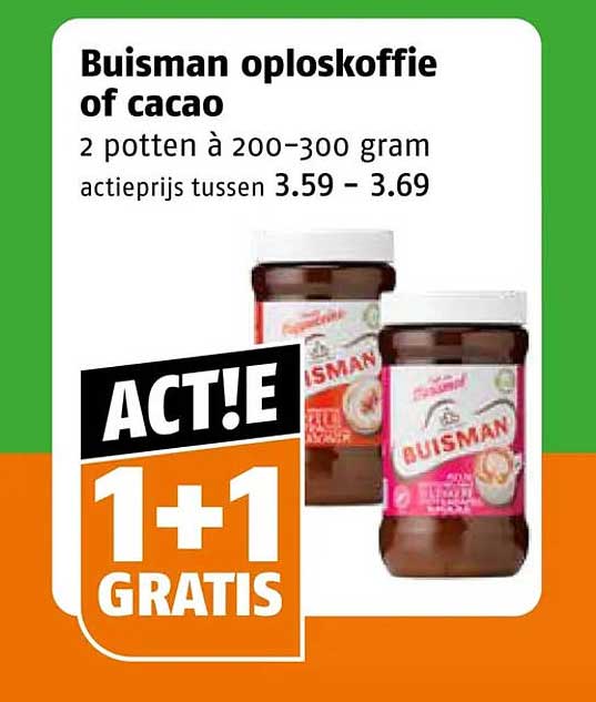Buisman oploskoffie of cacao 1+1 gratis
