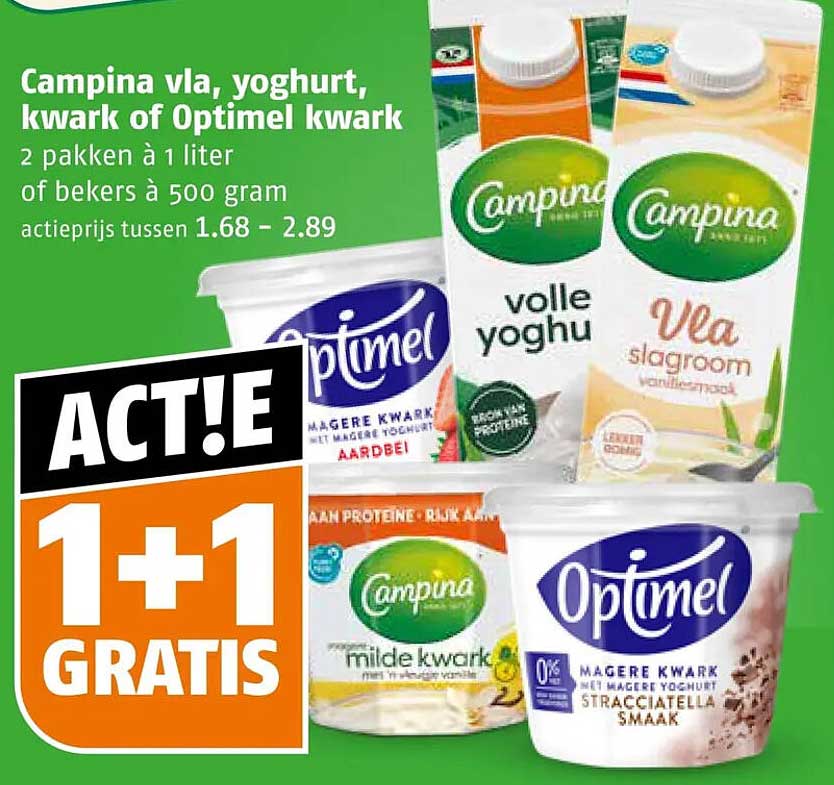 Campina vla, yoghurt, kwark of Optimel kwark 1+1 gratis