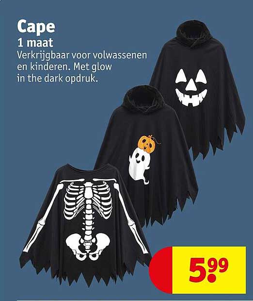 Cape 1 maat Verkrijkbaar voor volwassenen en kinderen. Met glow in the dark opdruk.