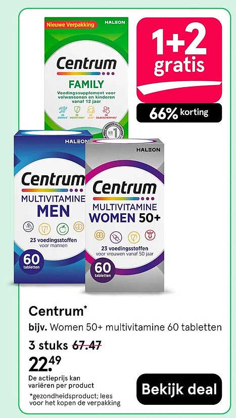 Centrum* bijv. Women 50+ multivitamine 60 tabletten 1+2 gratis