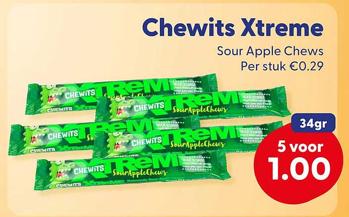 Chewits Xtreme Sour Apple Chews 34gr 5 voor 1.00