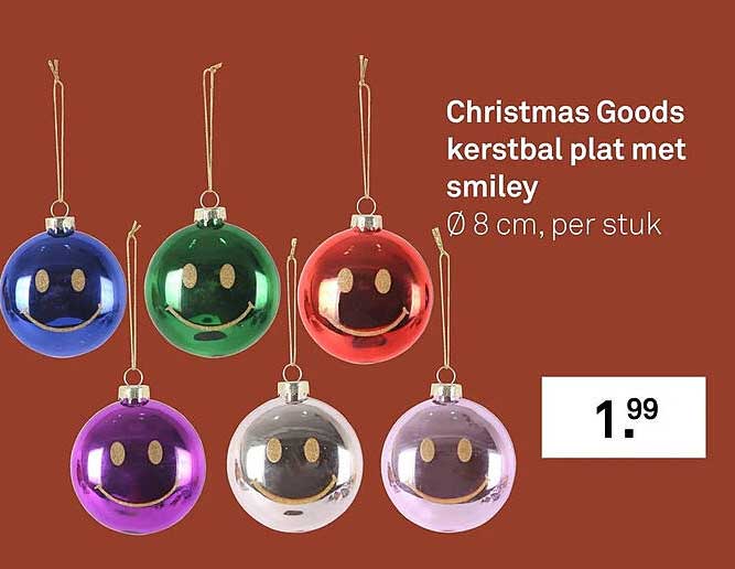 Christmas Goods kerstbal plat met smiley Ø 8 cm, per stuk